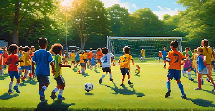 A lively soccer field in Illinois with children of various backgrounds playing soccer, under a bright sun with parents watching and cheering.