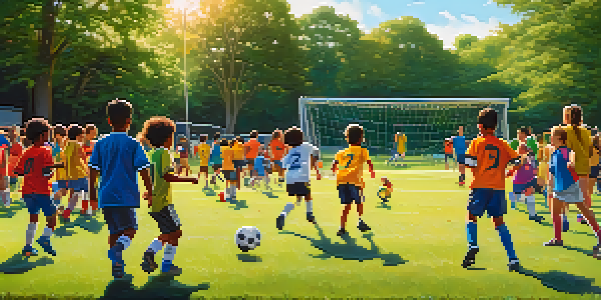 A lively soccer field in Illinois with children of various backgrounds playing soccer, under a bright sun with parents watching and cheering.