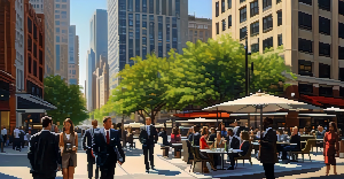 A lively urban scene in downtown Chicago with diverse professionals interacting and working outside among modern skyscrapers.