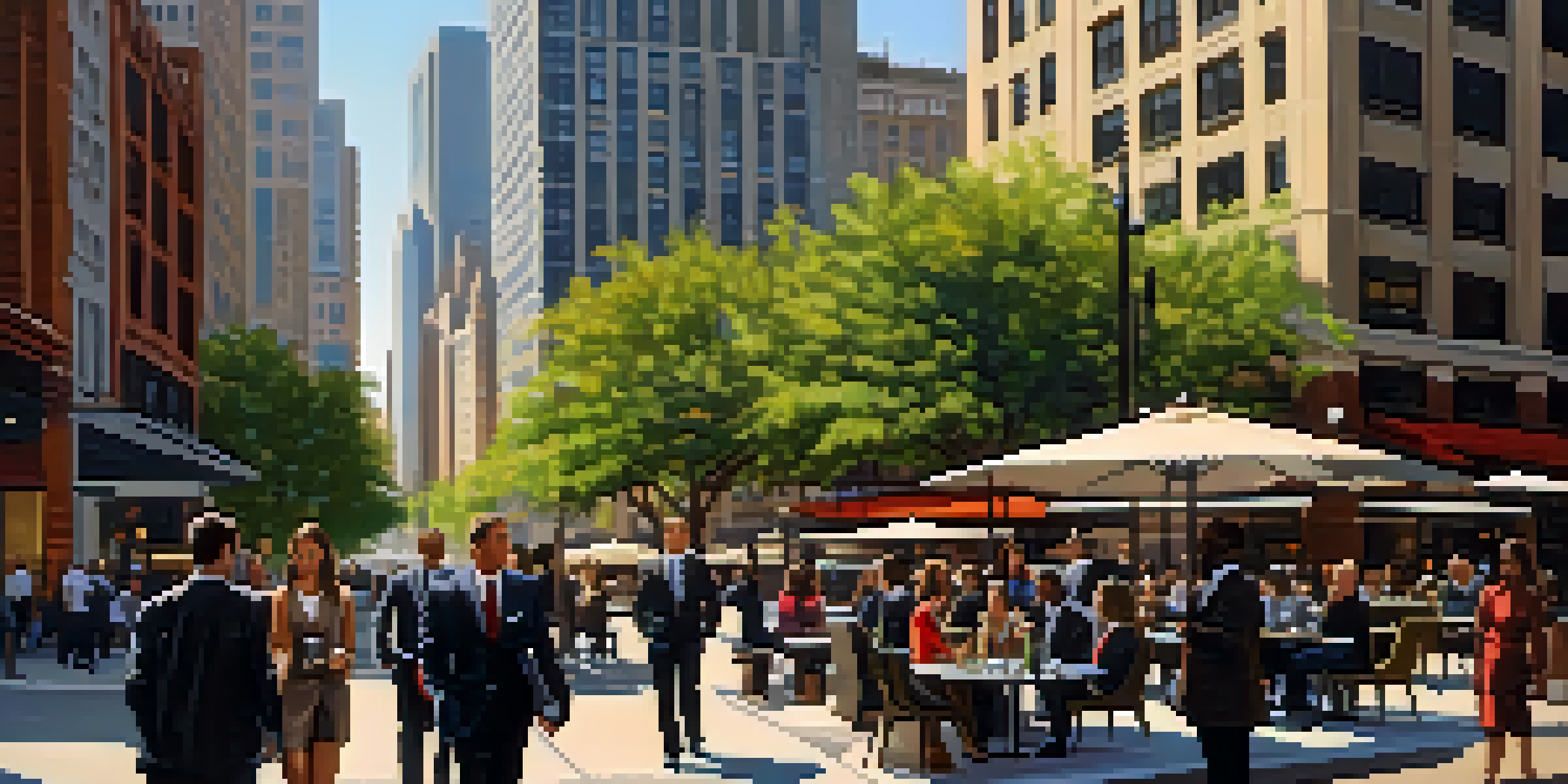 A lively urban scene in downtown Chicago with diverse professionals interacting and working outside among modern skyscrapers.