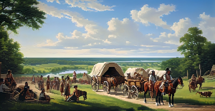 A historic landscape of early Illinois Territory featuring Native American tribes, green landscapes, and settlers with covered wagons under a clear sky.