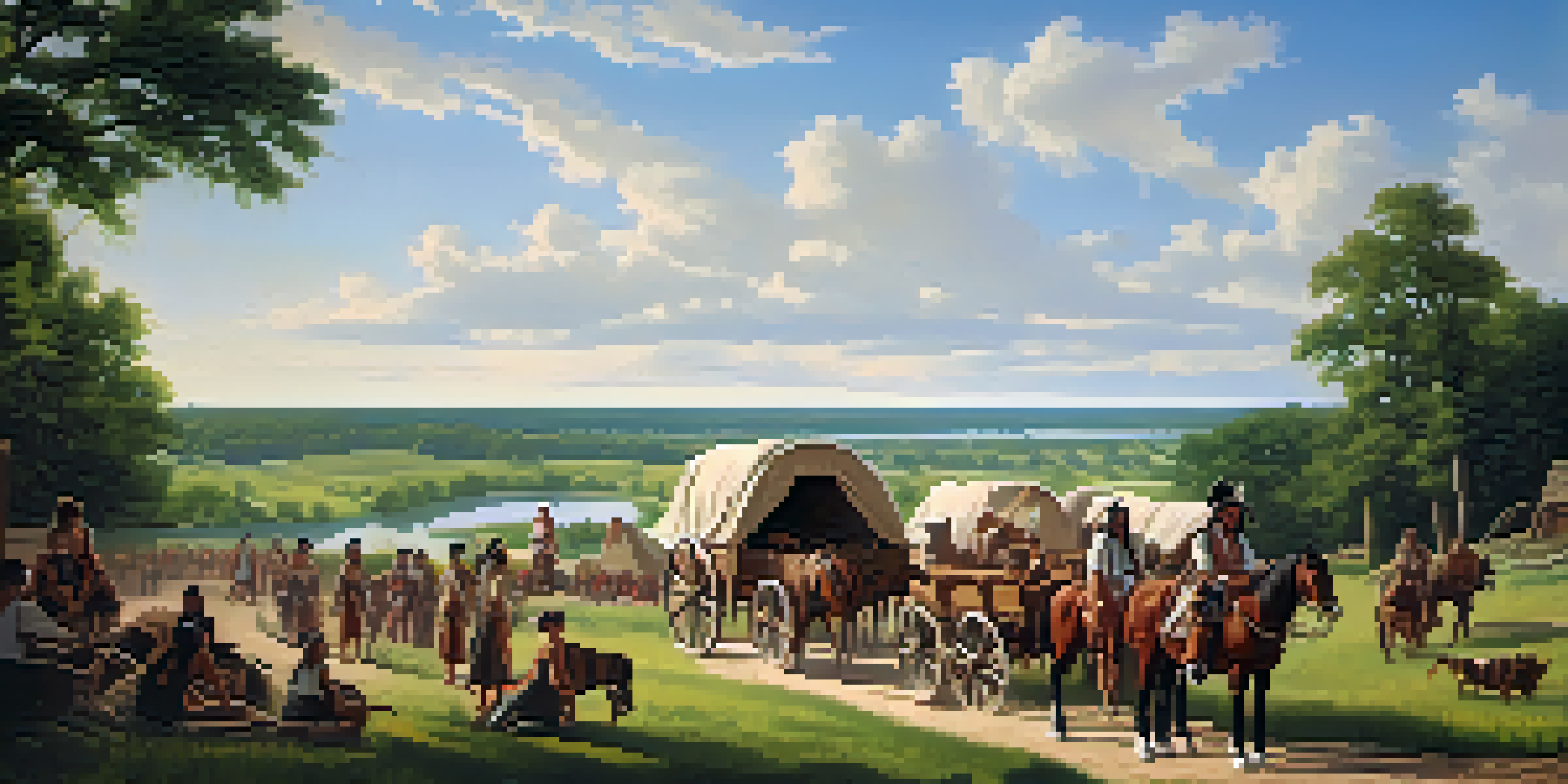 A historic landscape of early Illinois Territory featuring Native American tribes, green landscapes, and settlers with covered wagons under a clear sky.