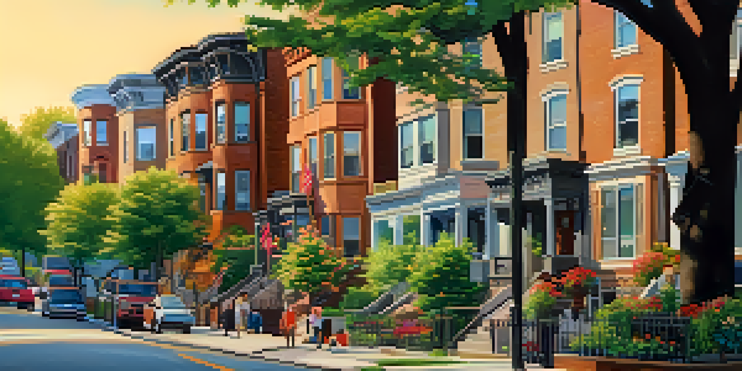 A lively urban neighborhood in Illinois featuring various housing styles, families walking along streets with greenery and flowers, and a sunset casting warm light.