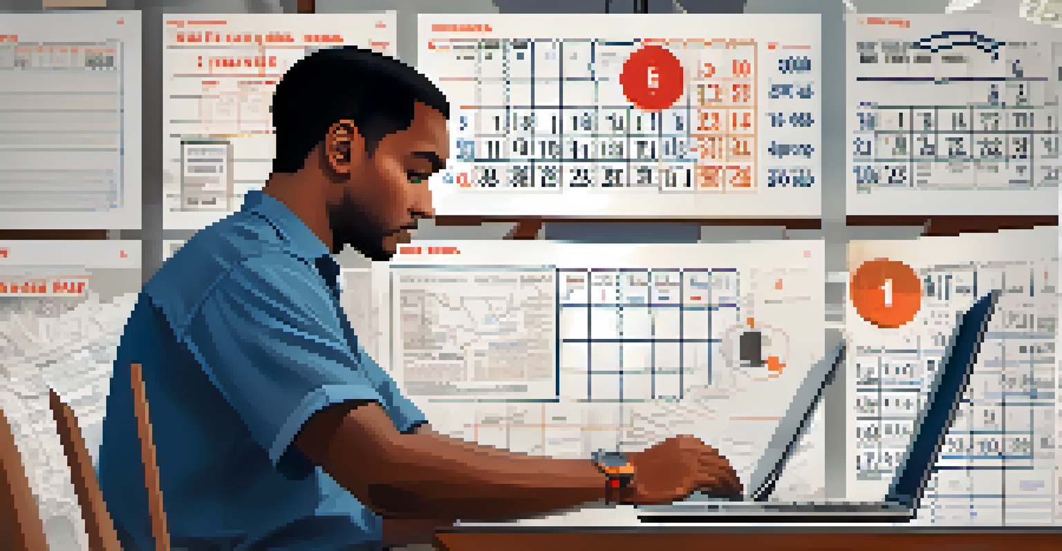 An illustration of a worried gig worker analyzing fluctuating earnings on a laptop, surrounded by bills and a clock.