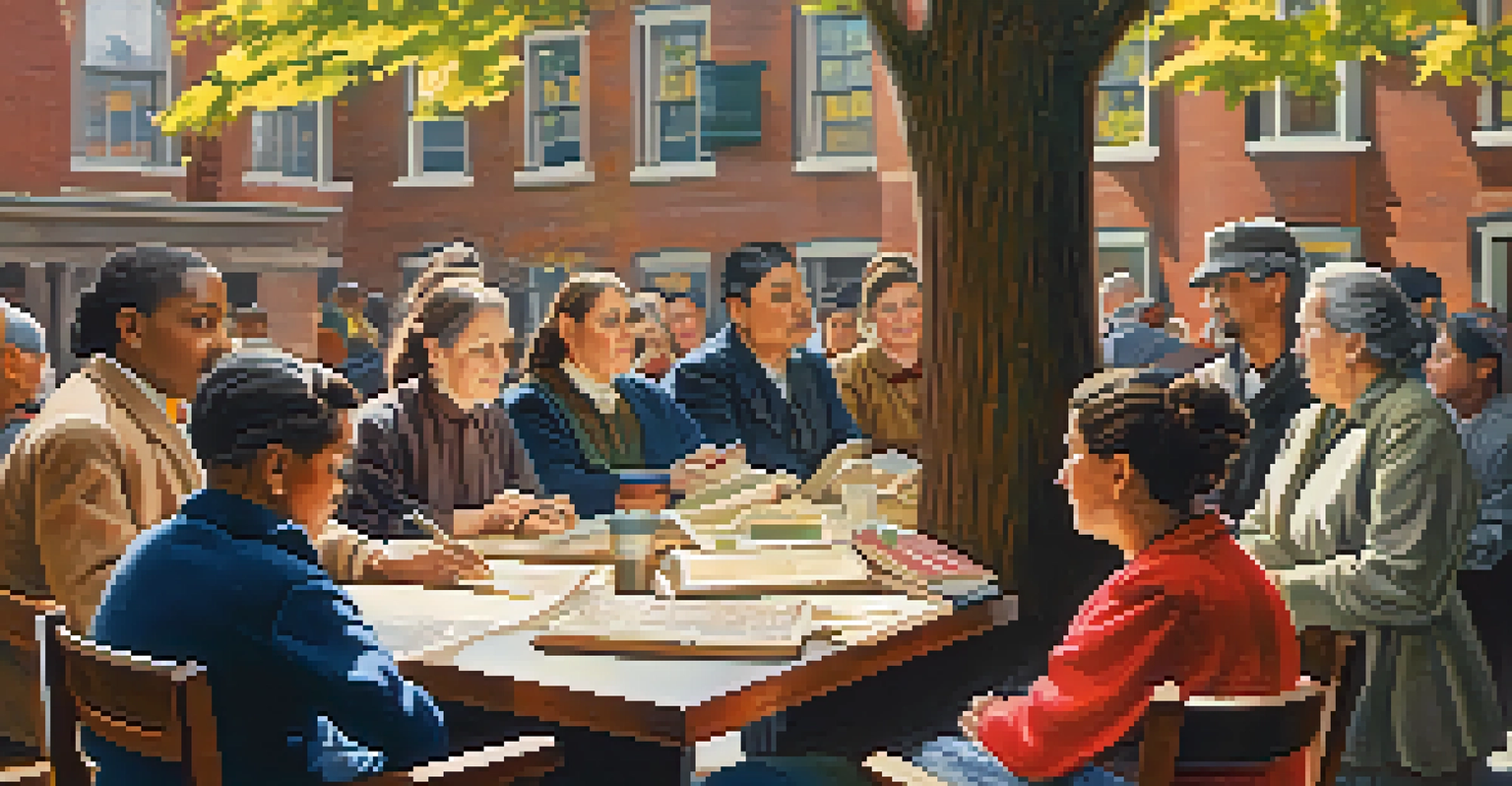 Jane Addams at Hull House surrounded by a diverse community, with sunlight filtering through trees.