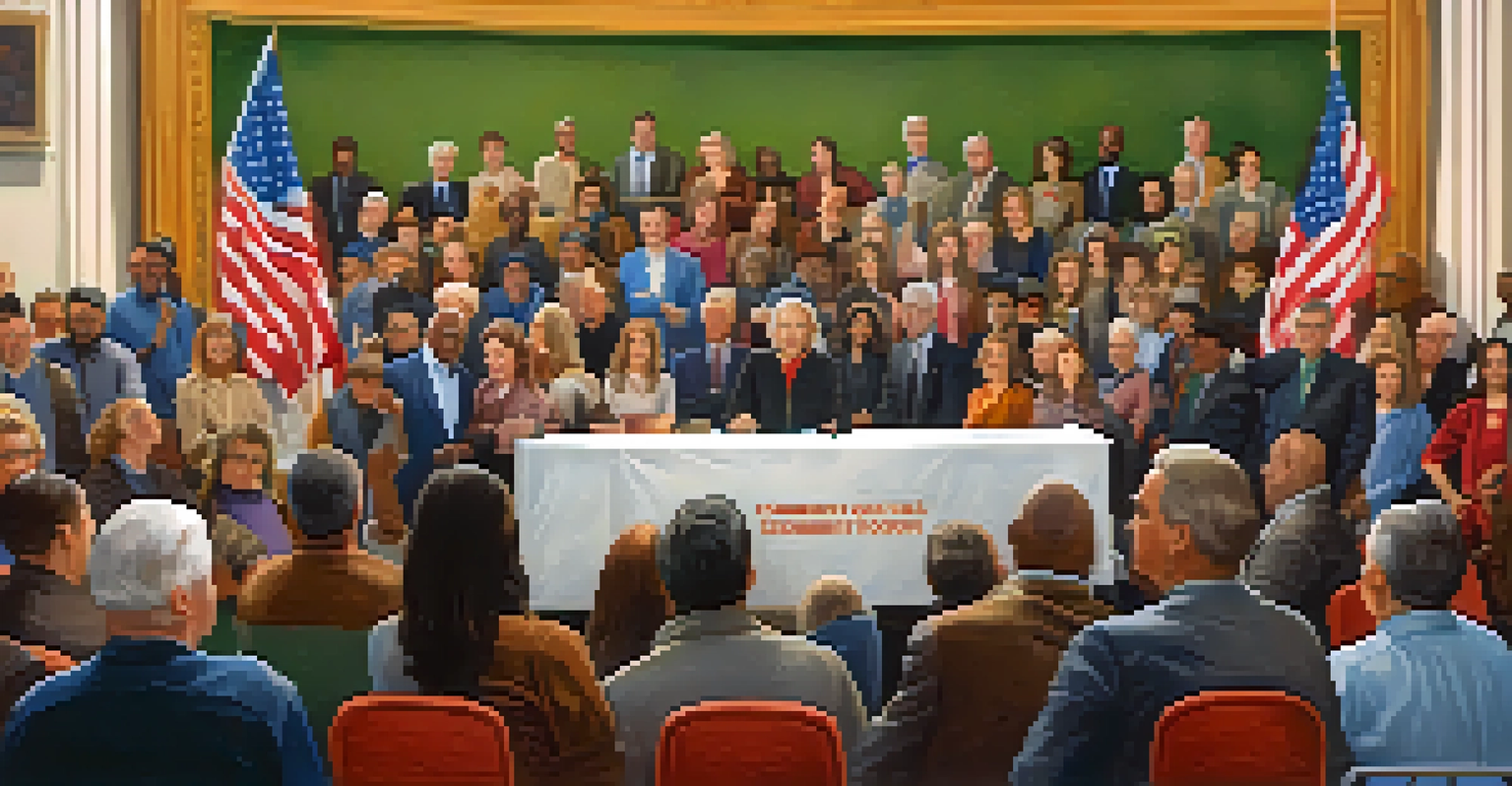 A town hall meeting with the Governor and citizens discussing community issues, showing active participation.