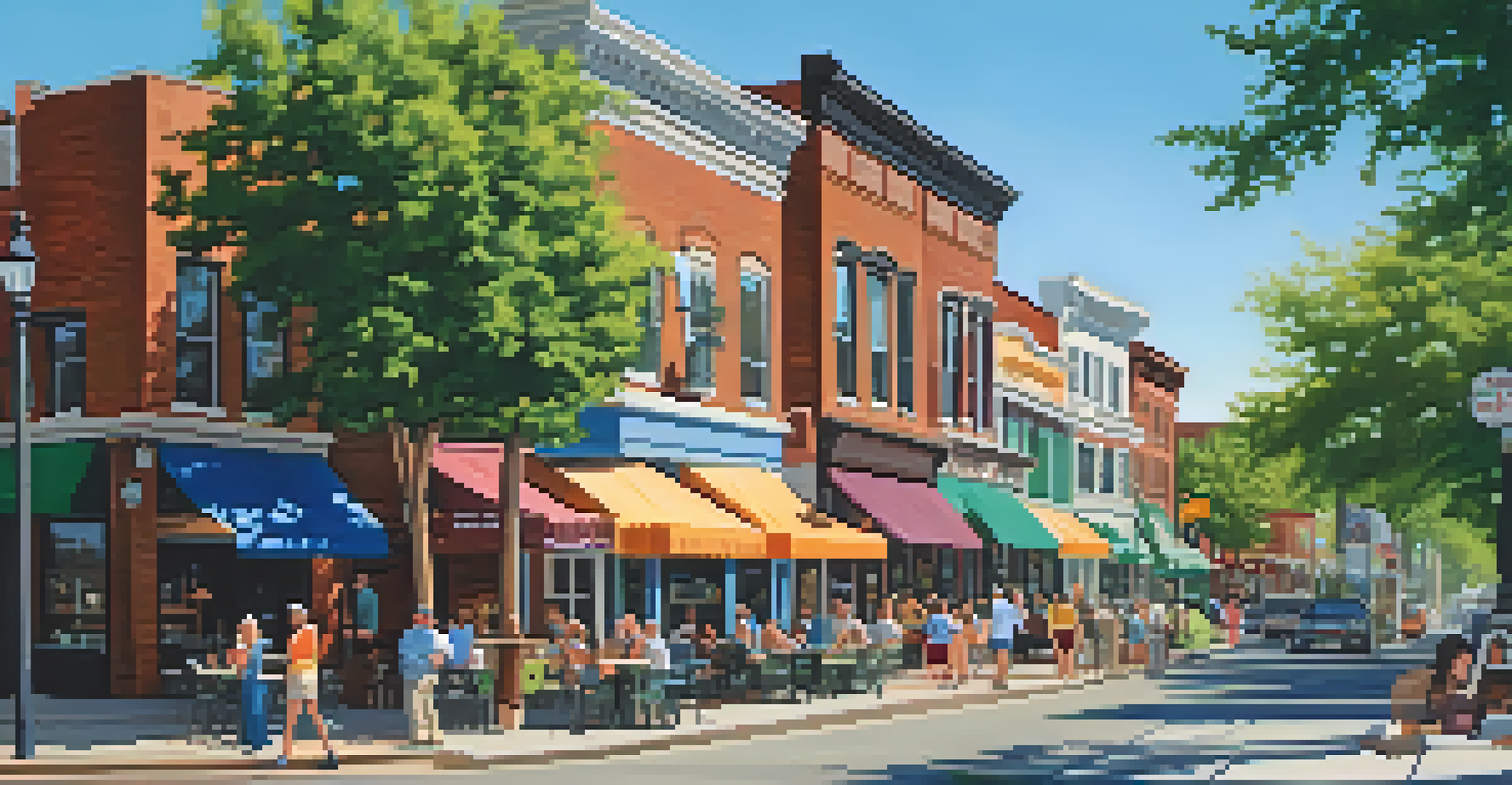 A lively street scene in Aurora, Illinois with cafes and colorful shops under a blue sky.