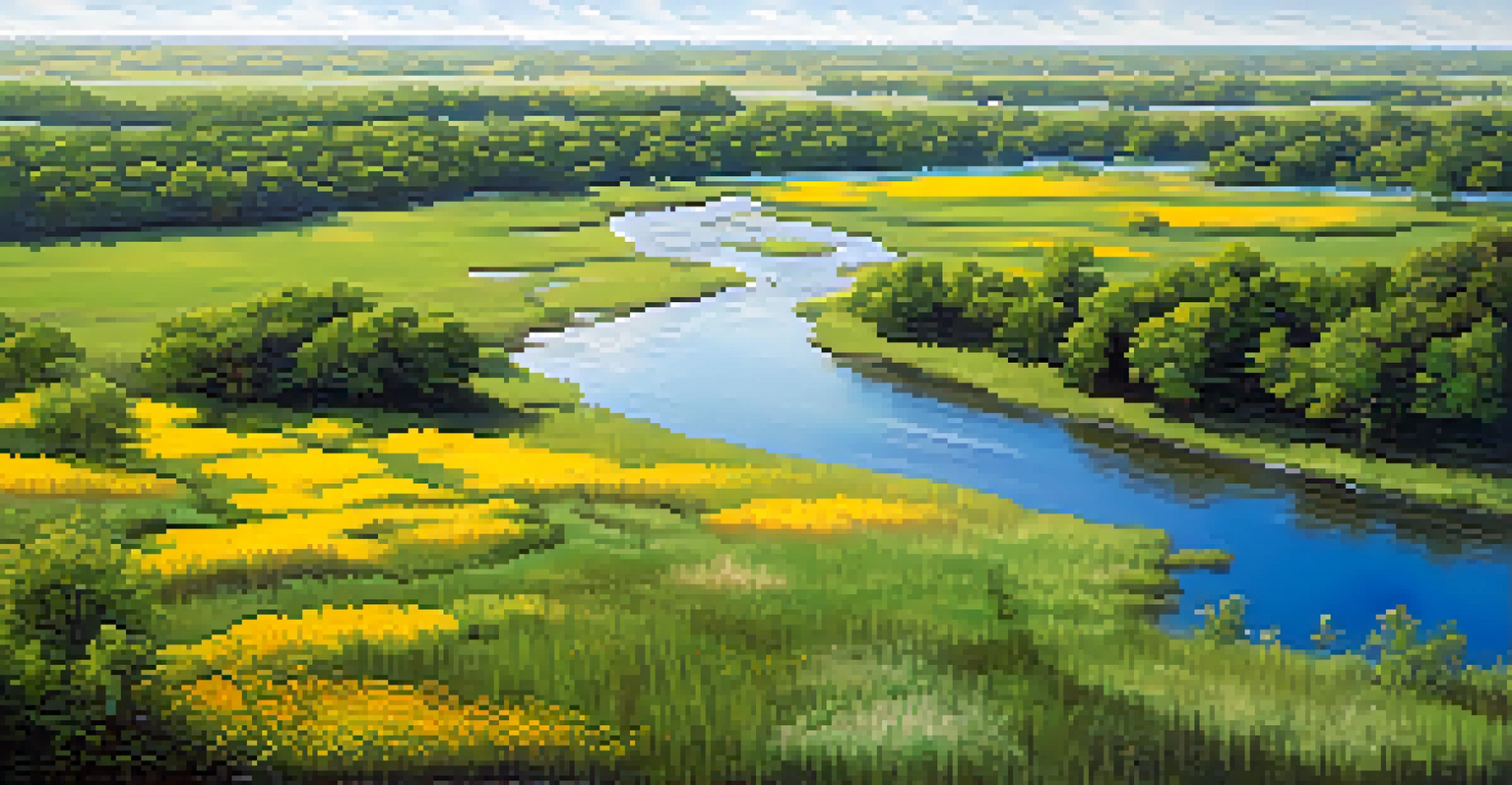 An aerial view of a colorful prairie in Illinois, showcasing wildflowers, grasses, and a winding river.