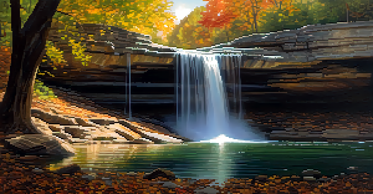 A calm waterfall in Starved Rock State Park with autumn foliage and sunlight filtering through the trees.