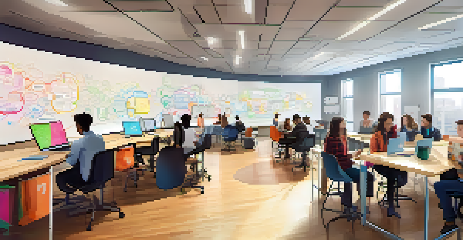 A modern tech incubator workspace where students are brainstorming ideas for startups, with whiteboards and laptops present.