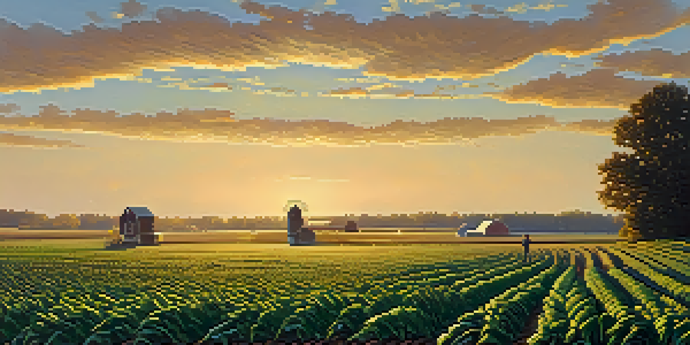 A farmer inspecting corn and soybean fields at sunrise in Illinois, with golden light illuminating the landscape and a clear sky.