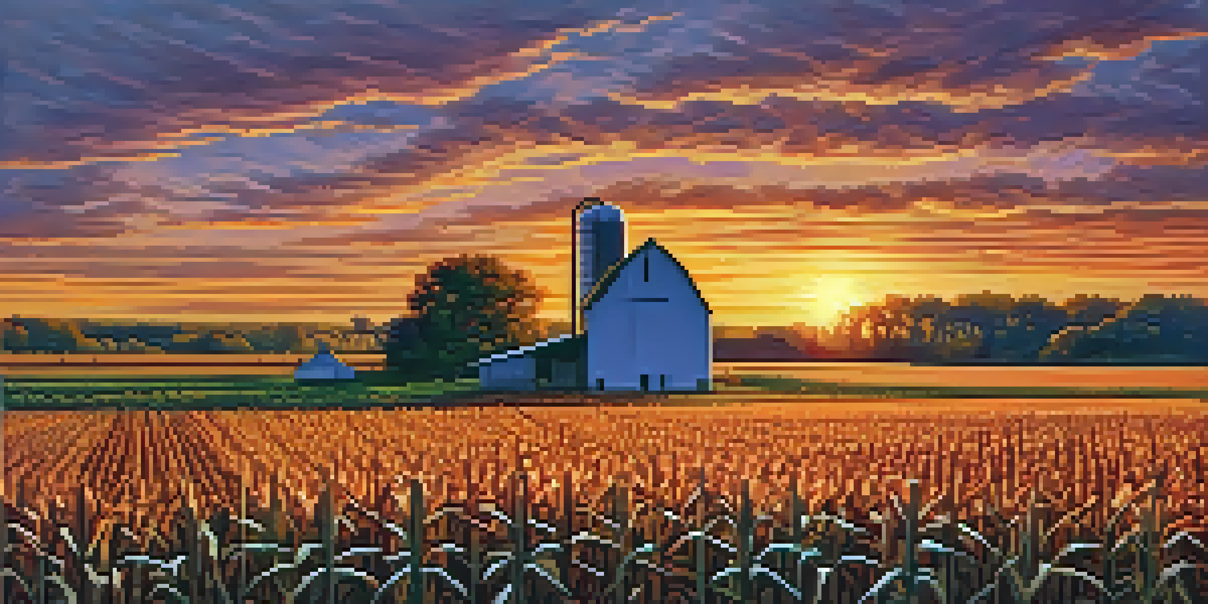 A scenic view of a cornfield in Illinois at sunset, with tall corn plants and a rustic wooden fence in the foreground.