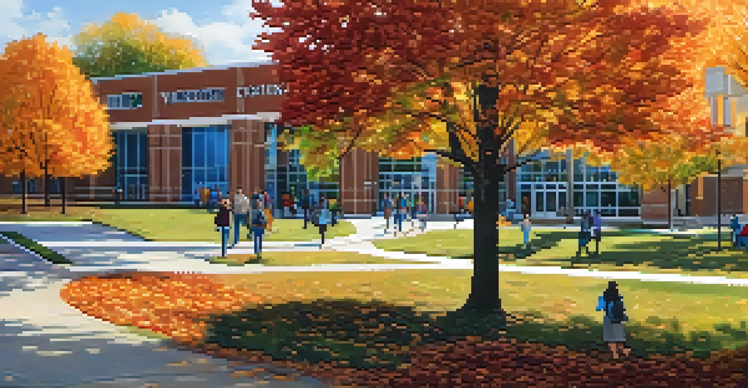 An autumn scene on a community college campus, with students walking among colorful trees and modern buildings.