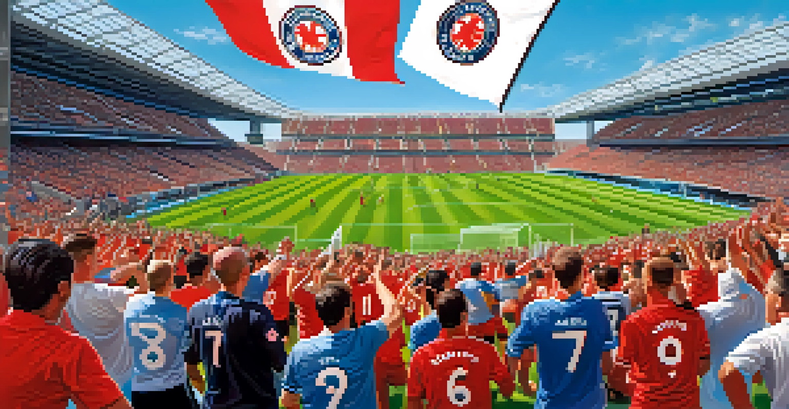 Soccer fans at Soldier Field cheering for Chicago Fire FC, with players on the field and vibrant flags waving.