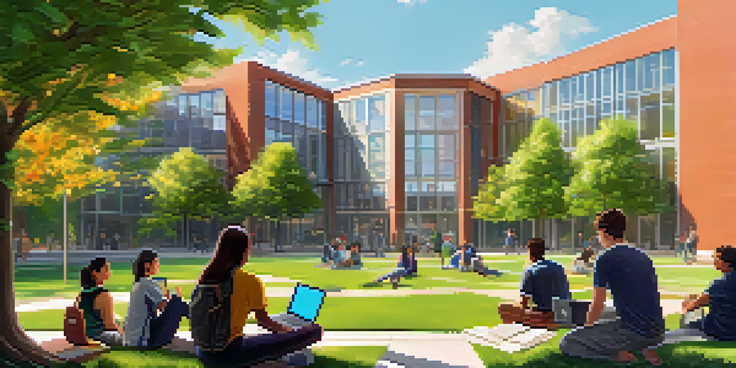 A diverse group of students working together on a laptop in a sunny university campus, surrounded by greenery and modern buildings.