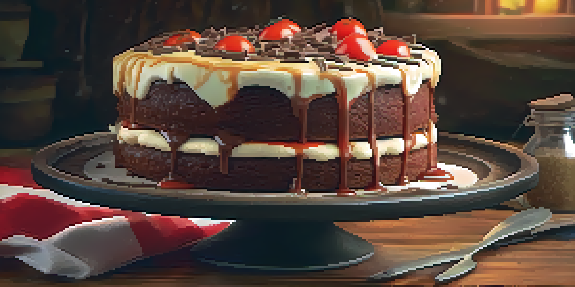 A deep-dish pizza cake with chocolate layers, cheese frosting, and tomato sauce, displayed in a cozy bakery setting.