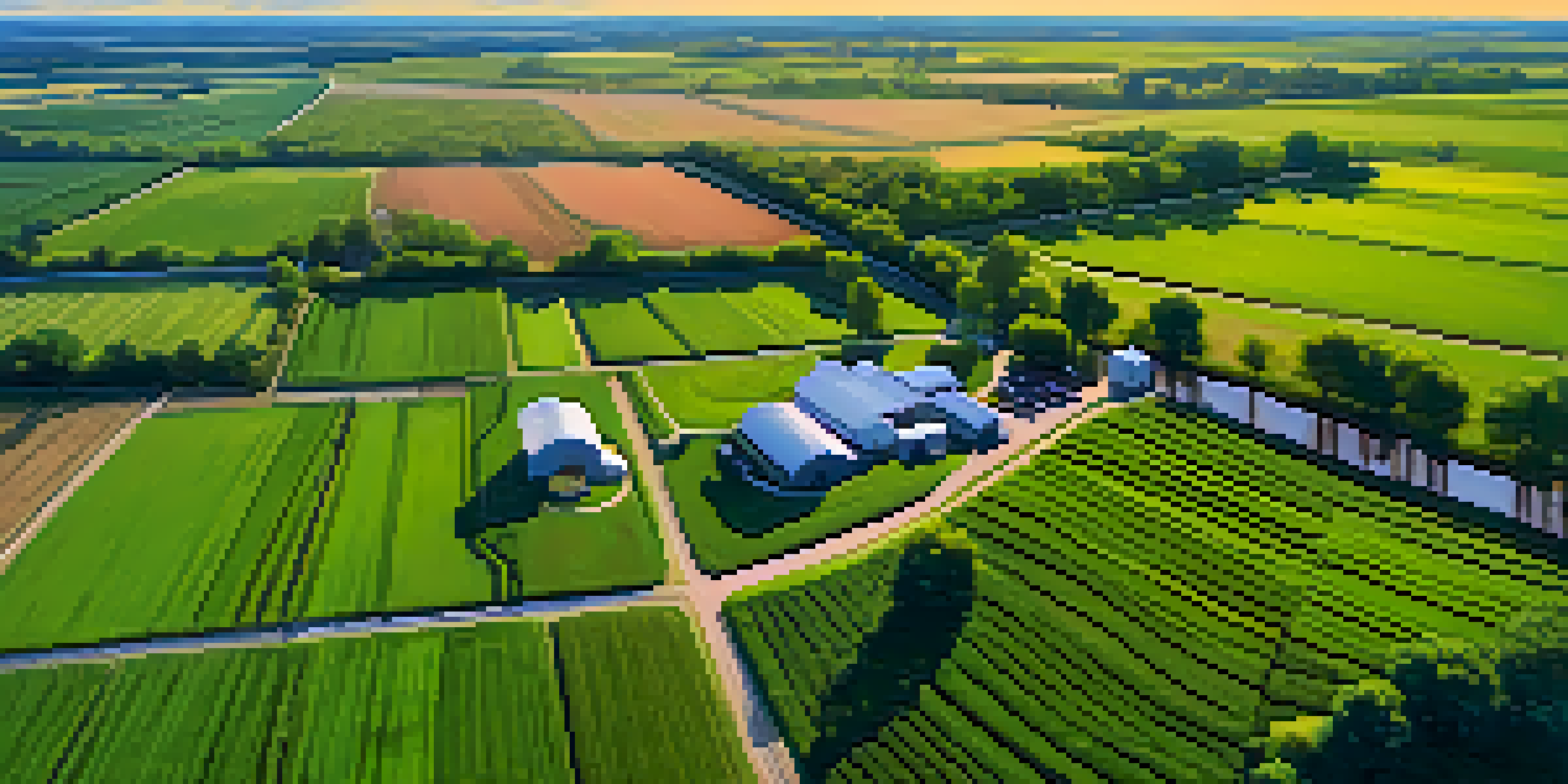Aerial view of an Illinois farm with precision agriculture technology, showing drones and farmers using GPS tools in lush green fields.