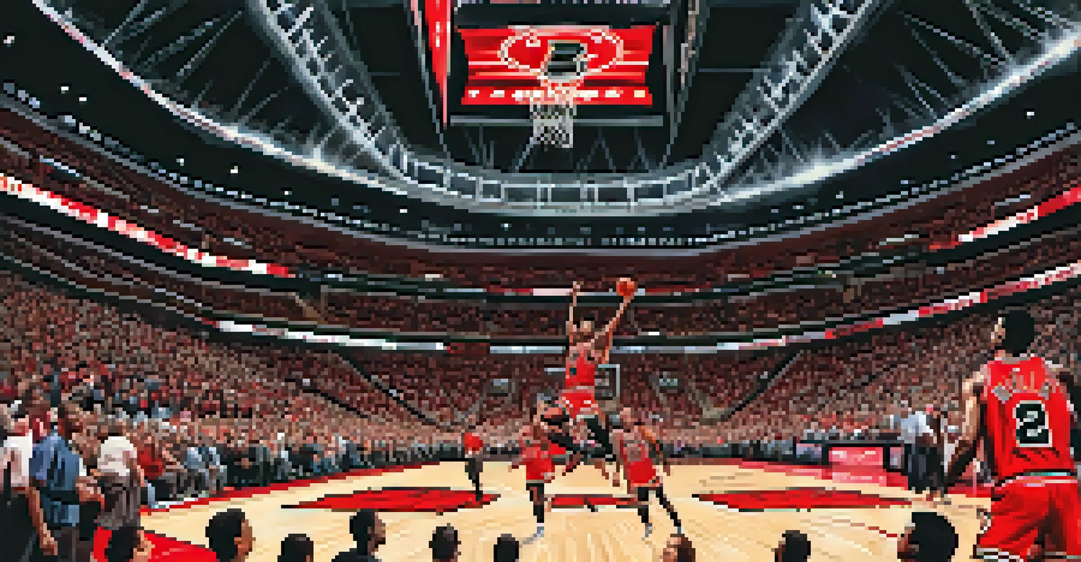 A basketball player performing a slam dunk during a Chicago Bulls game, with an excited crowd in the background.
