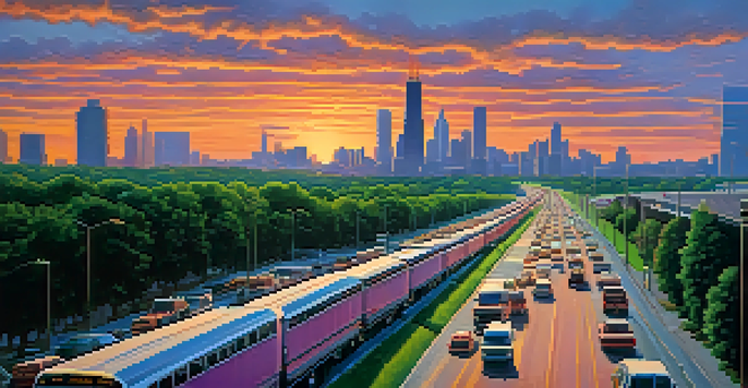 A busy Illinois highway at sunset with various vehicles and green trees lining the road.
