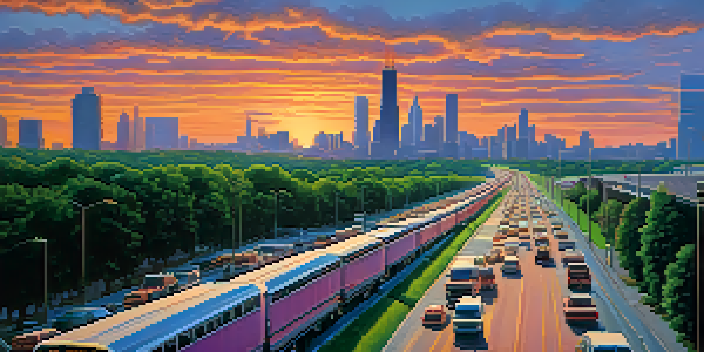 A busy Illinois highway at sunset with various vehicles and green trees lining the road.