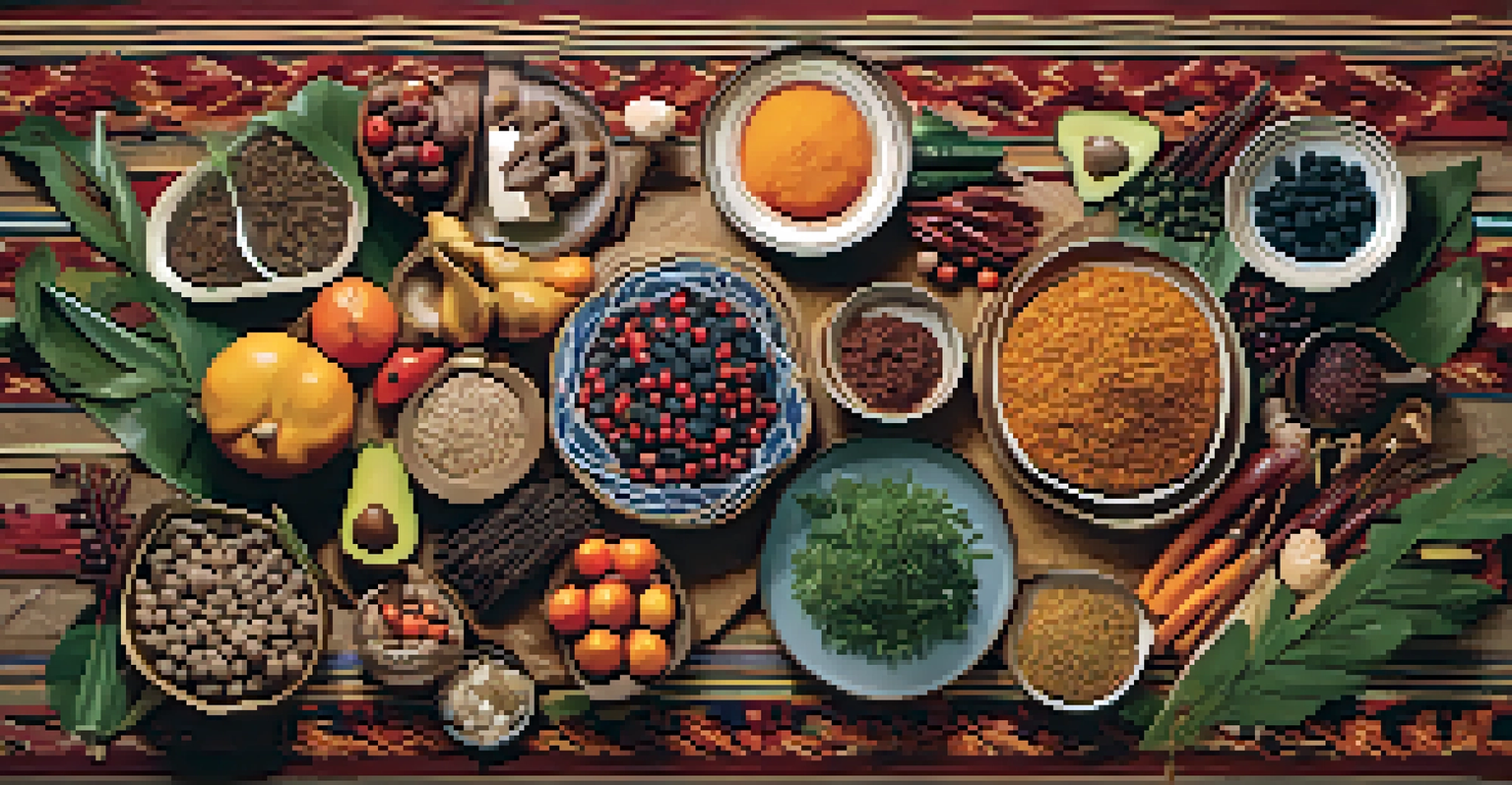 A vibrant display of traditional Indigenous foods on a woven mat, featuring wild rice, berries, and game meat, illuminated by natural light.