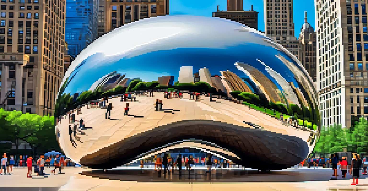A close-up of the Cloud Gate sculpture reflecting the city around it, with people nearby.