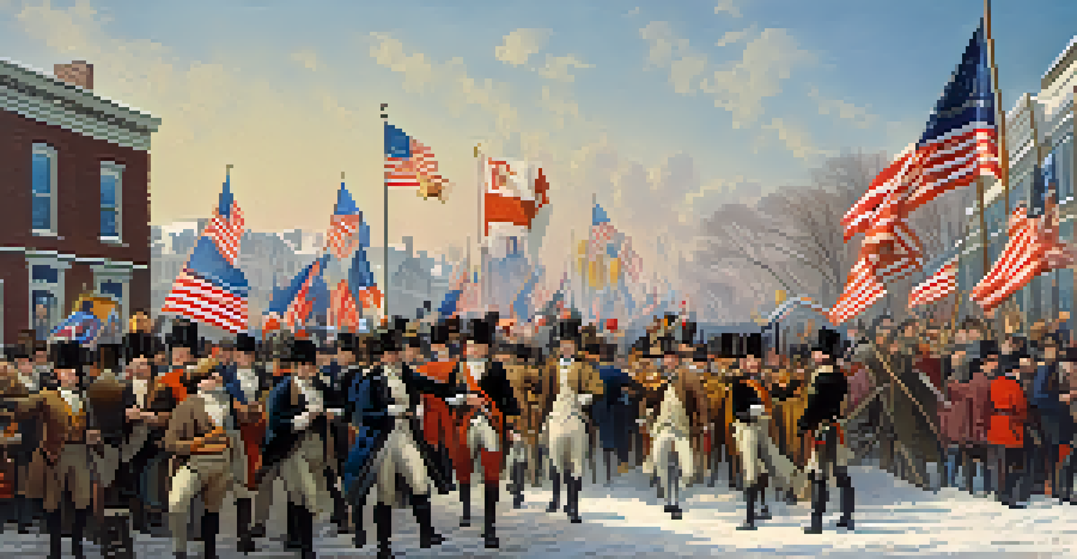 Residents of Illinois celebrating in the streets after the proclamation of statehood on December 3, 1818, with colorful banners and smiling faces.