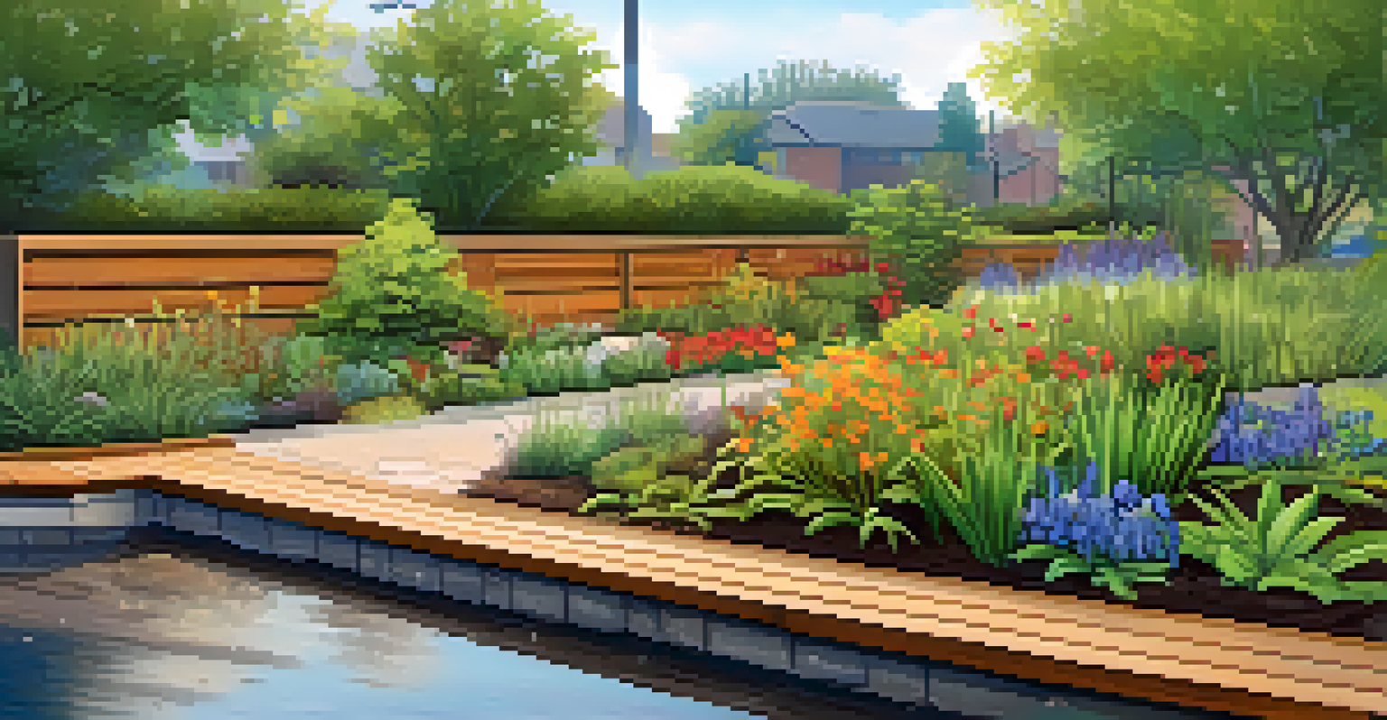 A close-up of a rain garden with native plants and glistening raindrops.