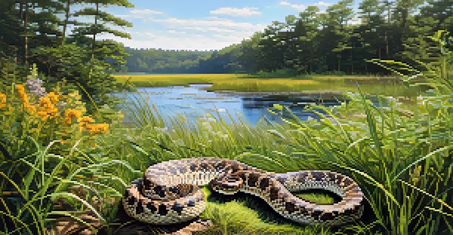 A wetland scene in Shawnee National Forest showcasing an Eastern Massasauga rattlesnake among bright wildflowers.