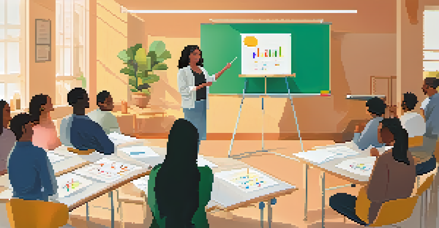 A mental health workshop in a bright classroom with a facilitator presenting to engaged participants.
