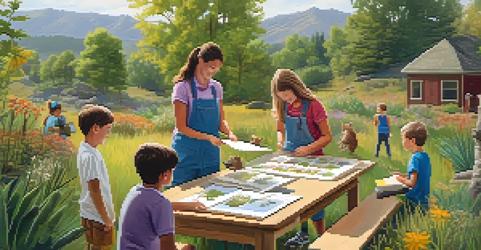 Children participating in an outdoor educational workshop about native plants and animals, led by a nature expert, surrounded by colorful illustrations.