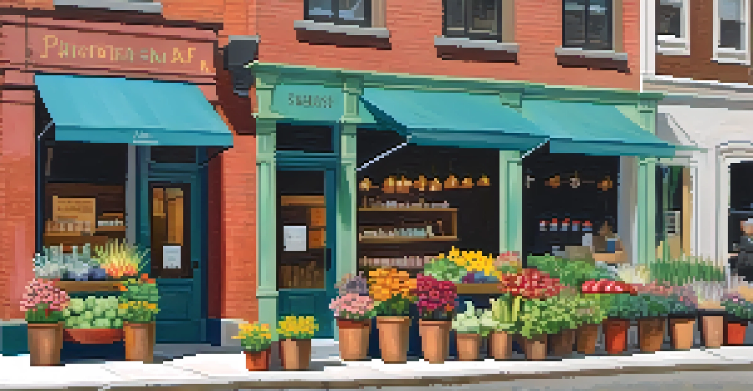 A small business storefront with outdoor seating, showcasing handmade goods and fresh produce, capturing the spirit of local entrepreneurship.