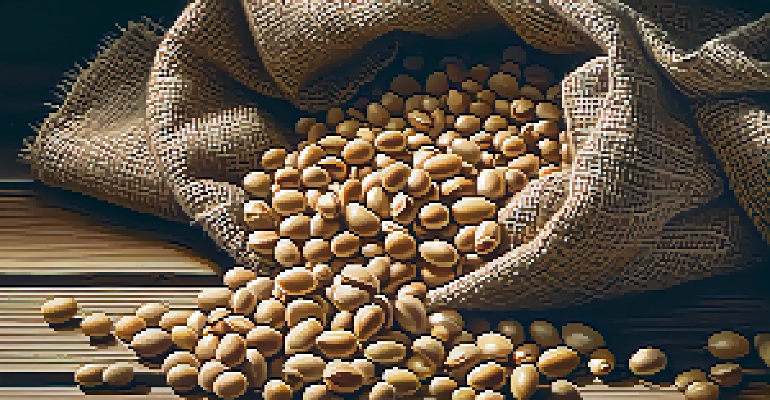 A close-up of freshly harvested soybeans spilling from a burlap sack onto a wooden table.
