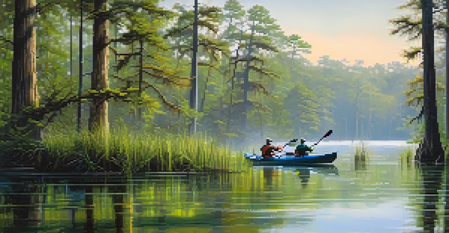 A serene morning view of Cache River State Natural Area, highlighting cypress swamps with mist and kayakers, surrounded by lush greenery.