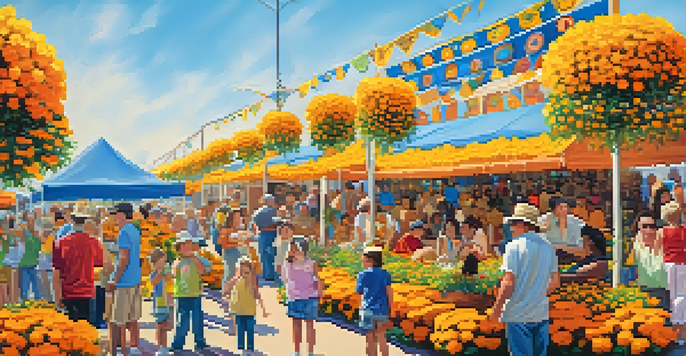 A colorful display of marigold flowers at the Peoria Marigold Festival with families enjoying the festivities under a blue sky.