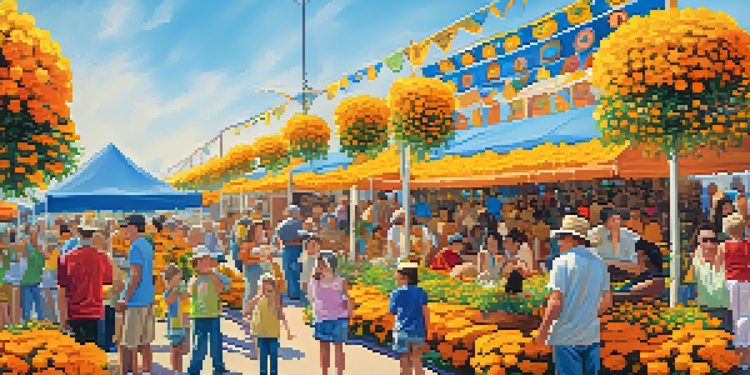 A colorful display of marigold flowers at the Peoria Marigold Festival with families enjoying the festivities under a blue sky.