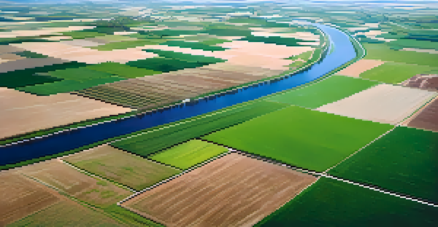 An aerial view of green agricultural fields with a winding river nearby.