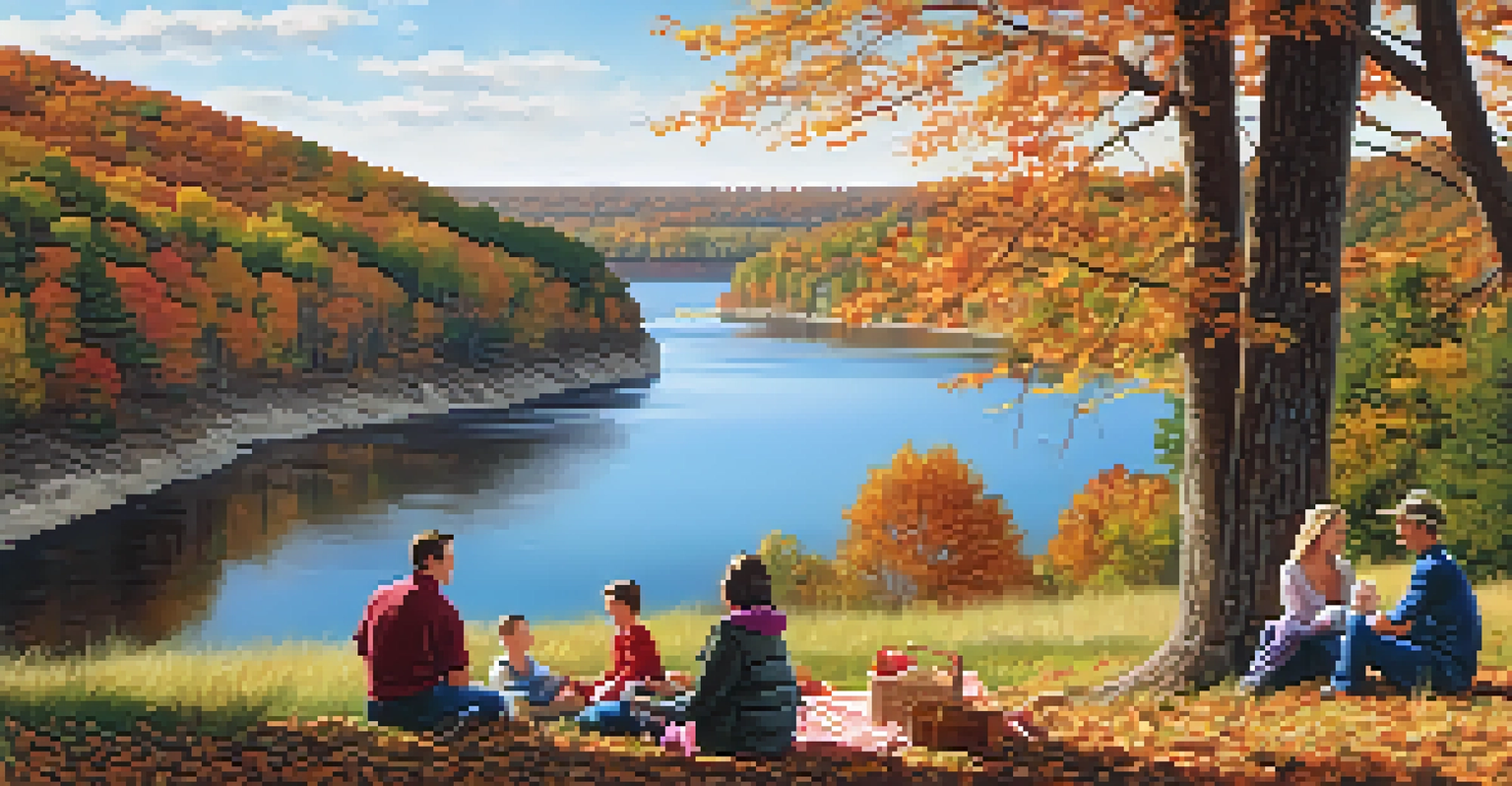 A beautiful autumn landscape with colorful trees and a family having a picnic overlooking the Illinois River in Pere Marquette State Park.