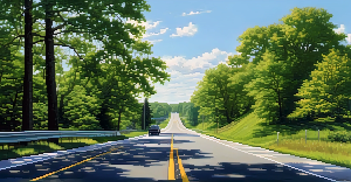 A bright, sunny highway in Illinois surrounded by greenery, featuring clear signage and guardrails.