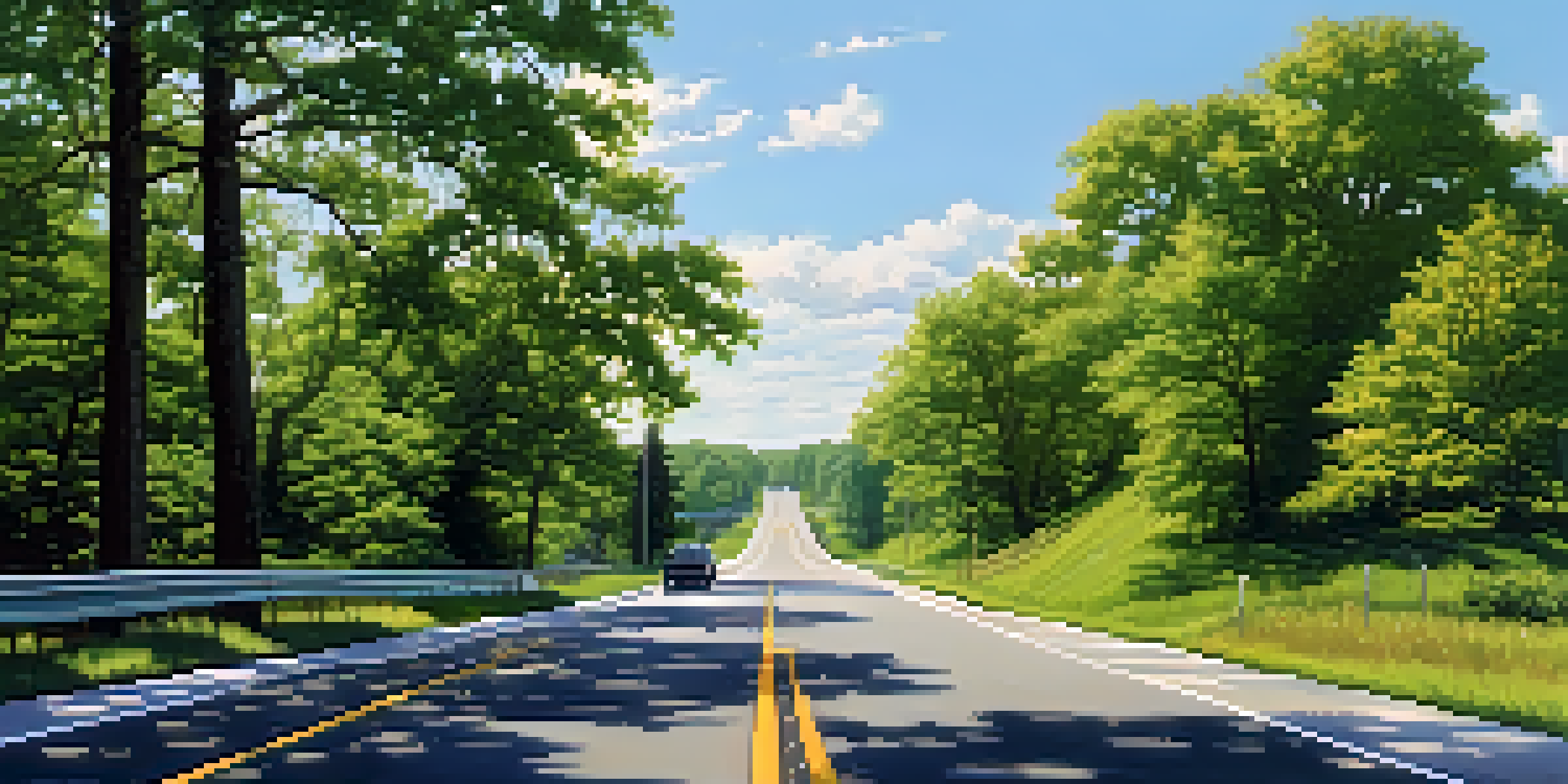 A bright, sunny highway in Illinois surrounded by greenery, featuring clear signage and guardrails.