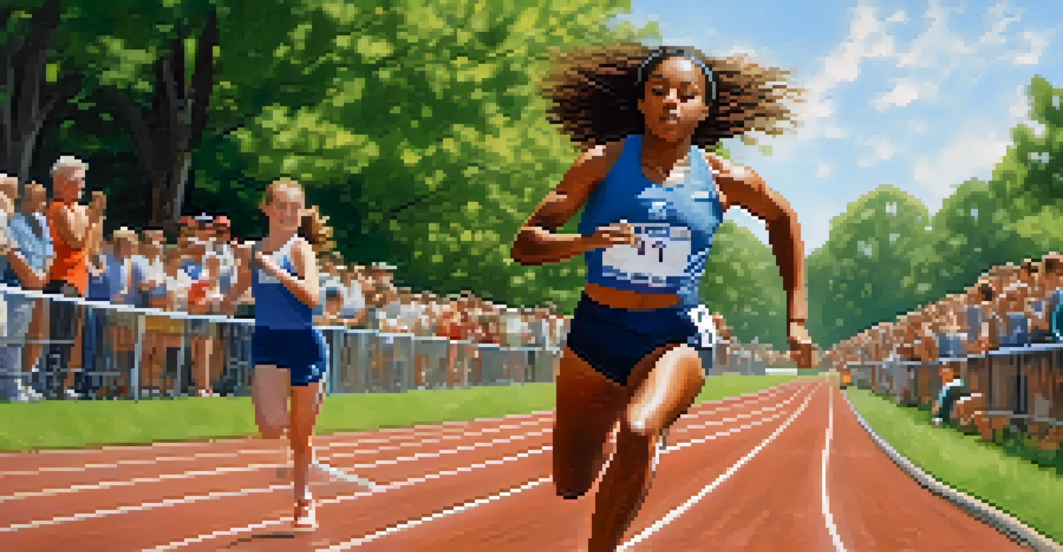 A young female sprinter on an outdoor track, demonstrating determination, with spectators cheering in the background.