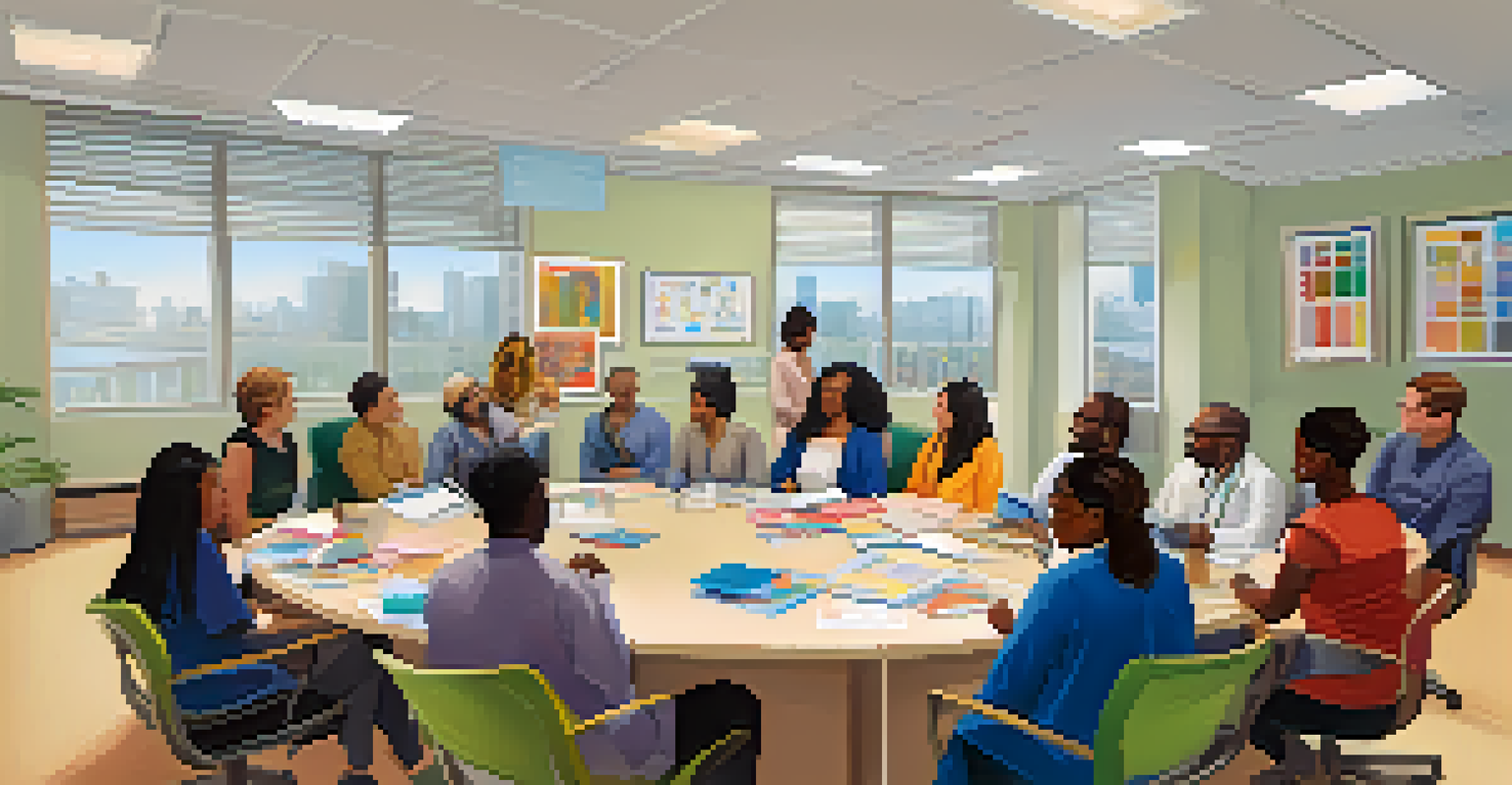 A multicultural group of mental health professionals in an office setting, engaged in a training session around a table.