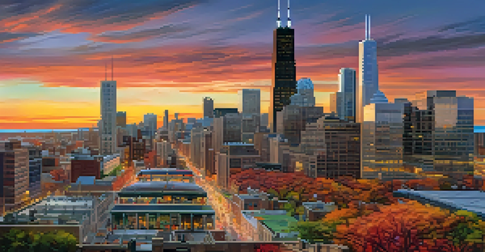 A panoramic view of downtown Chicago displaying modern skyscrapers and people engaged in discussions, representing a vibrant tech hub.