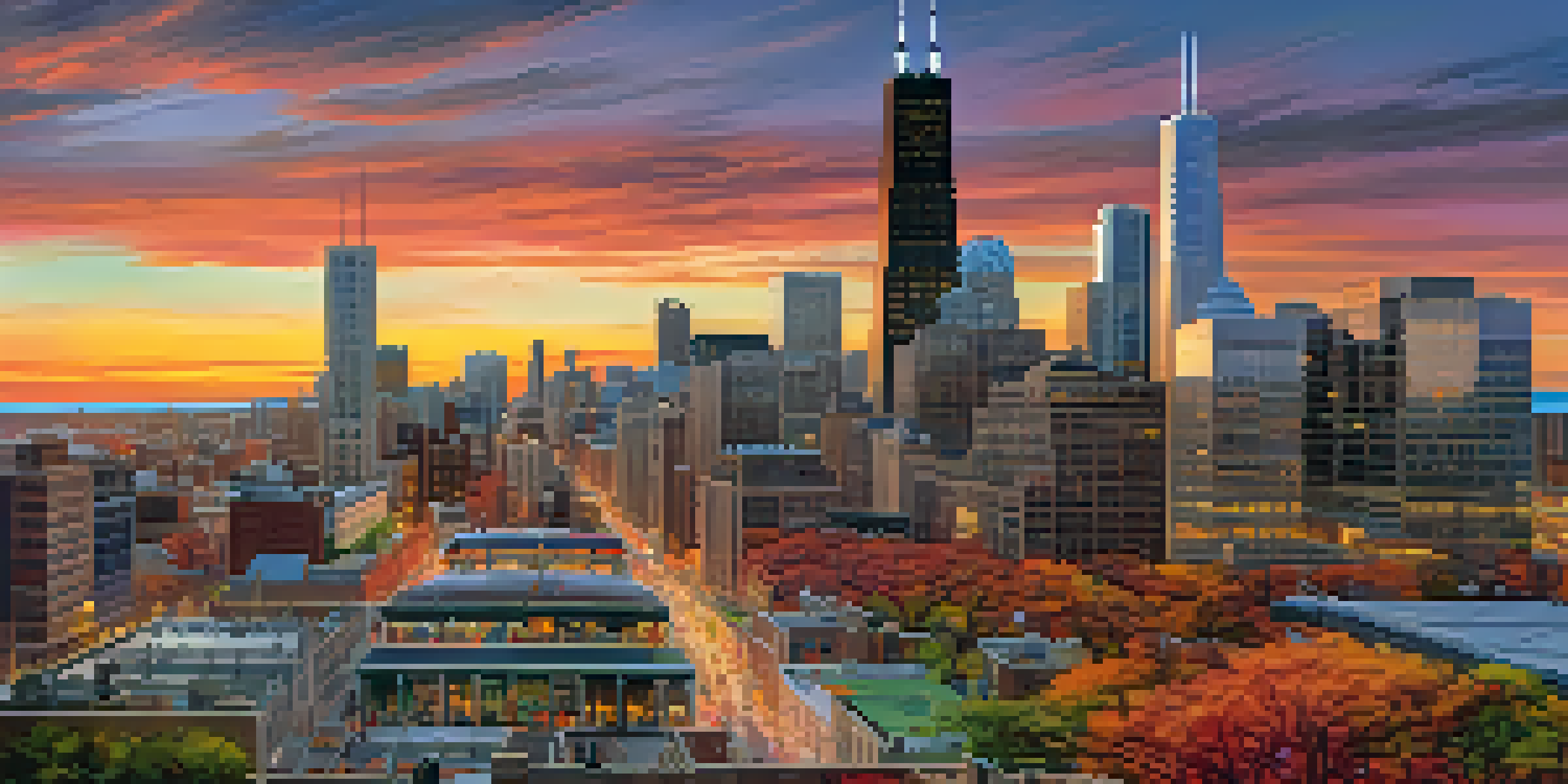 A panoramic view of downtown Chicago displaying modern skyscrapers and people engaged in discussions, representing a vibrant tech hub.