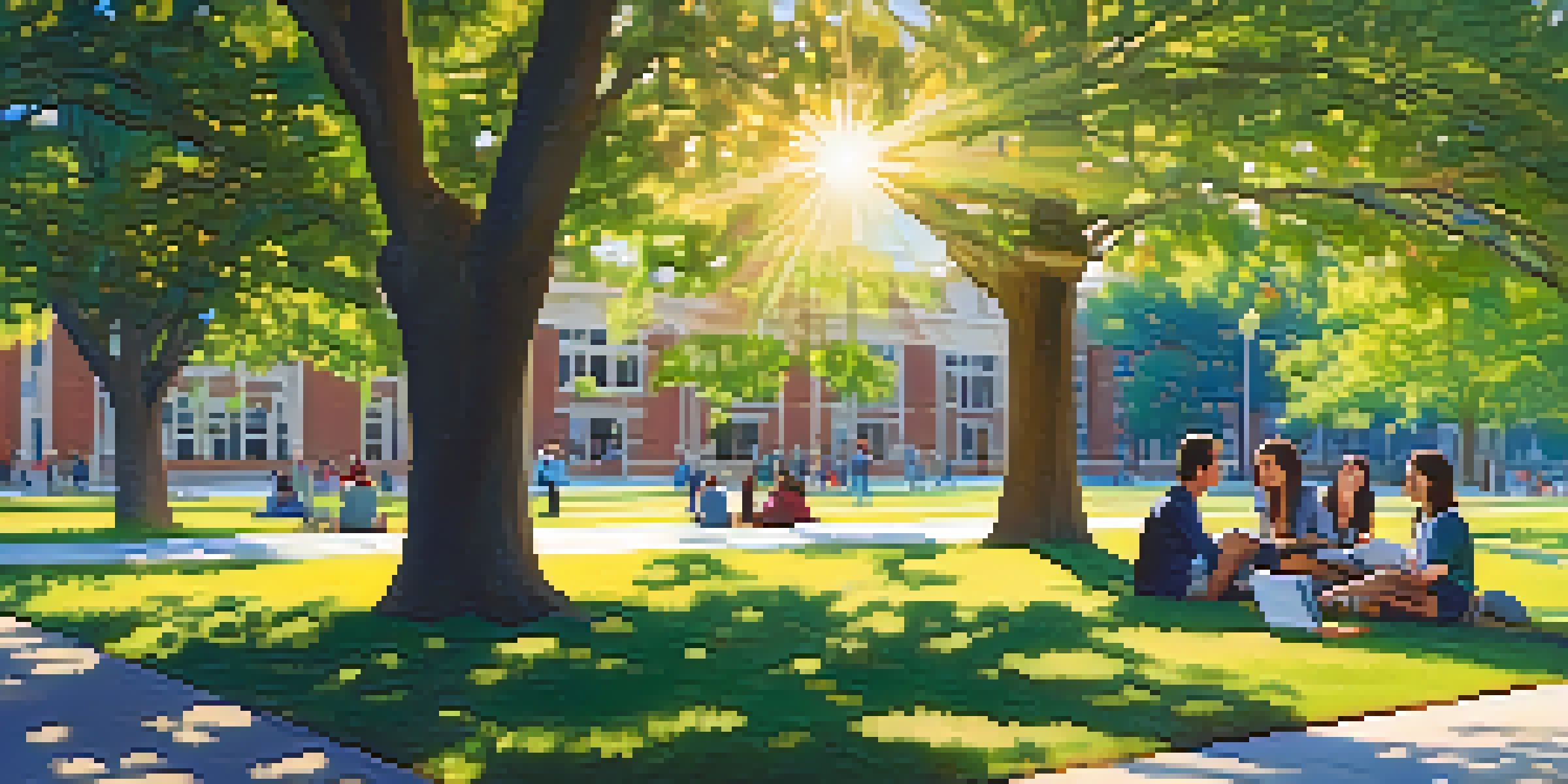 A diverse group of students studying and talking under a large tree on a college campus, with sunlight and blooming flowers.