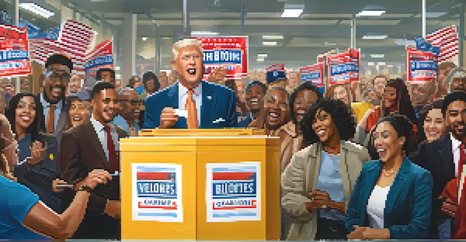 A close-up of a ballot box with voters casting their ballots in an election, vibrant campaign signs visible in the background.