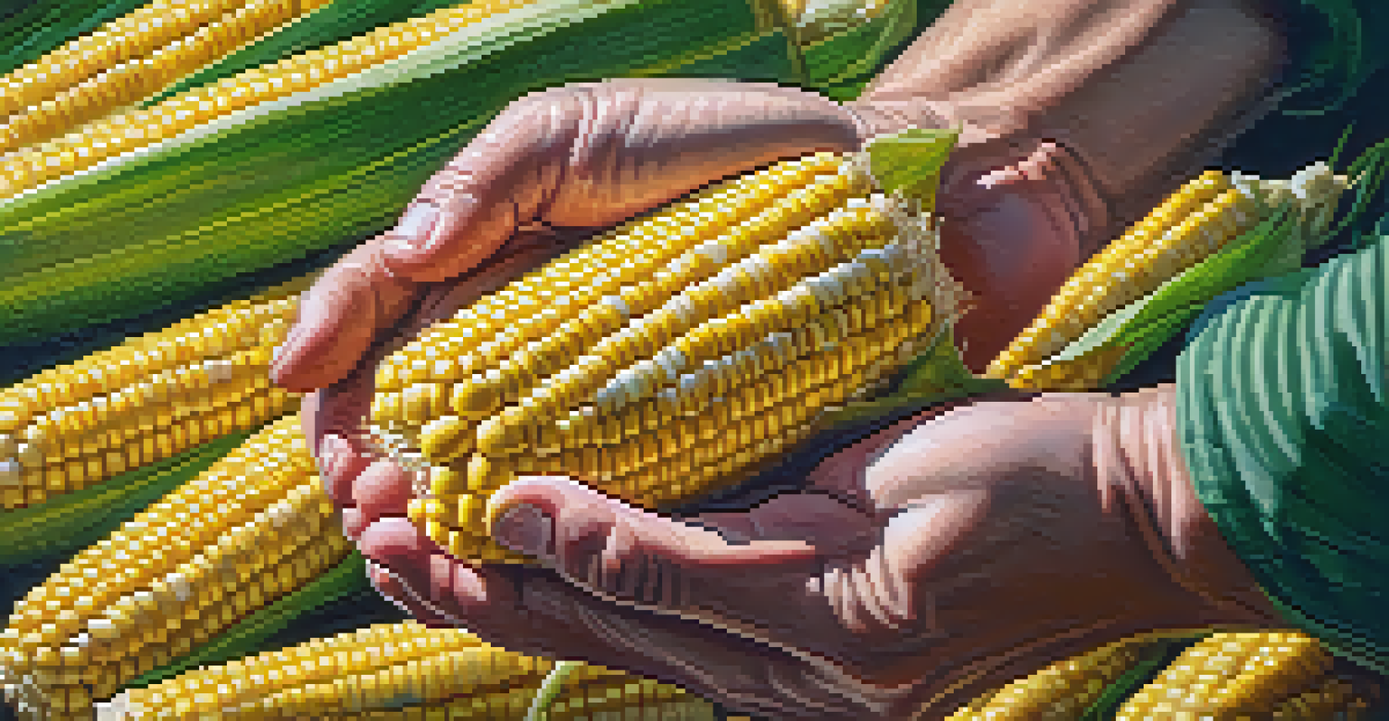 A close-up of hands holding fresh corn, with bright yellow kernels and green husk, symbolizing Illinois agriculture.