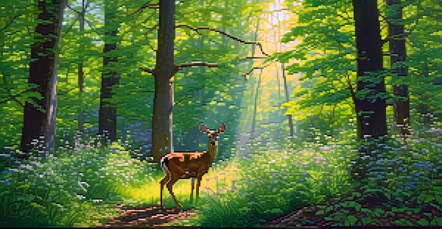 A vibrant Illinois forest in spring with tall trees, green undergrowth, and a deer near a flowering shrub.