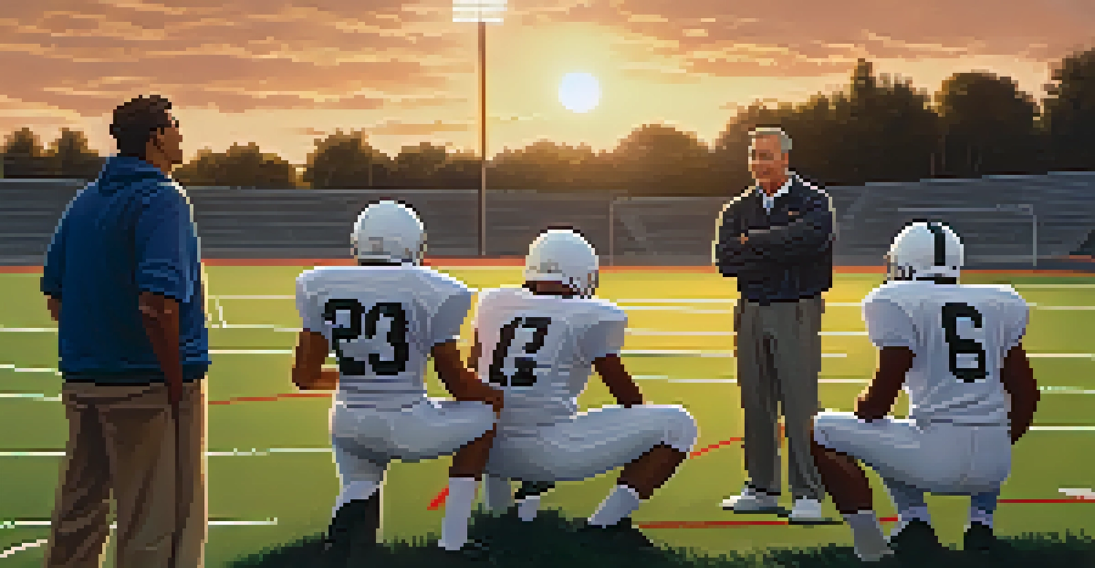 A football coach talking to a group of young athletes on the sidelines, emphasizing teamwork and strategy at sunset.