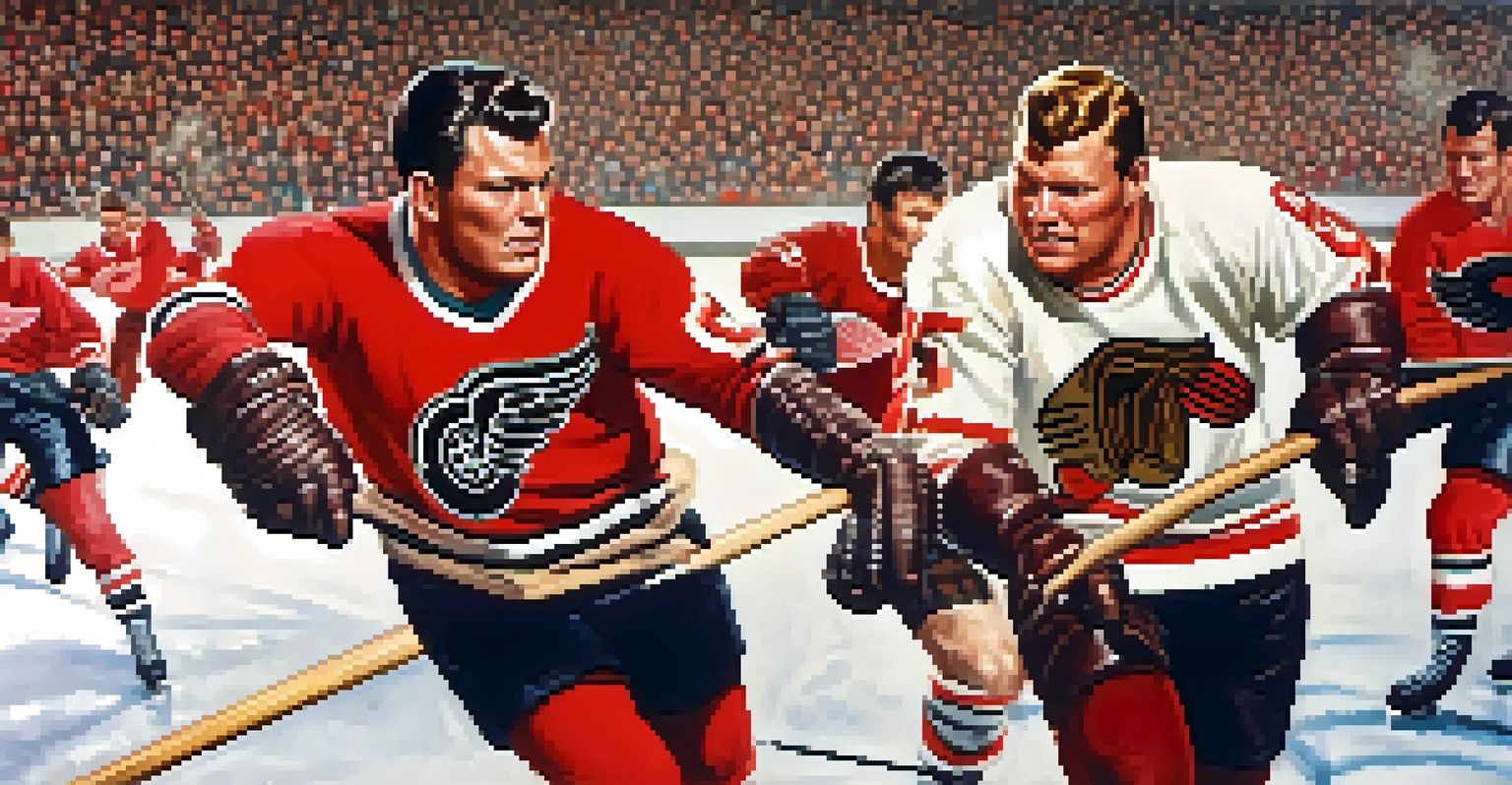An action shot of Bobby Hull and Stan Mikita playing against the Detroit Red Wings in the 1960s, capturing the excitement of hockey.